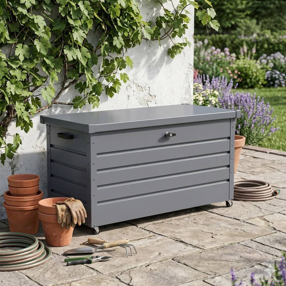 350l Metal Outdoor Storage Box With Wheels – Lockable Weatherproof Garden Organizer