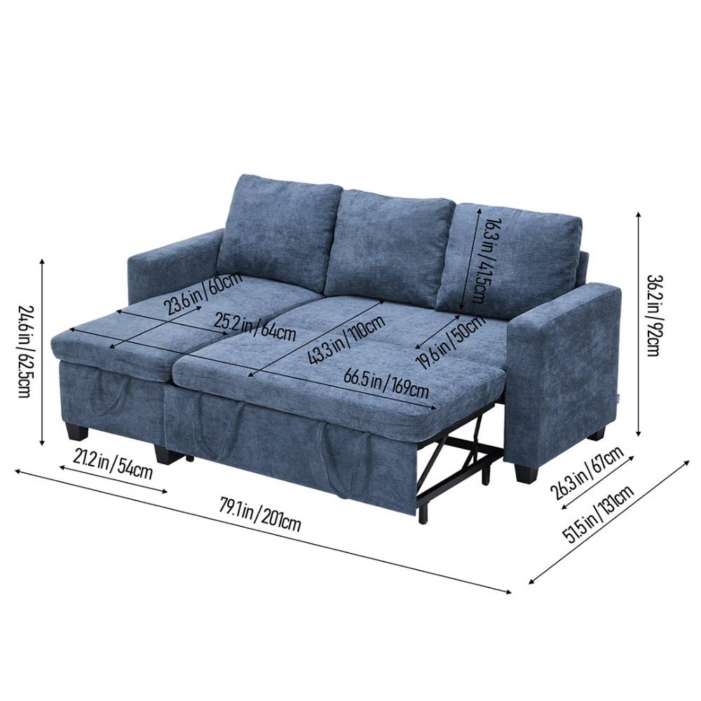 Breeins Blue Chenille Sofa Bed With Storage, Convertible Sleeper Sofa Couch For Living Room