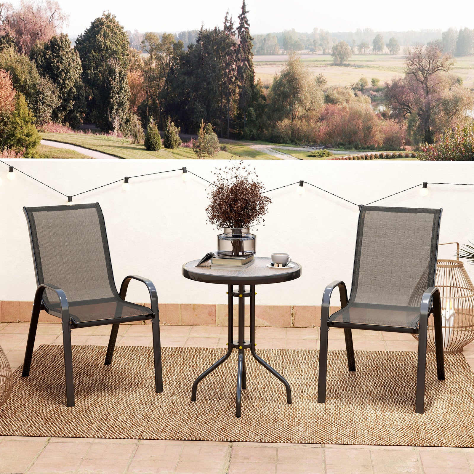 Garden Bistro Set, Small Garden Set W/ Stackable Chairs | Black