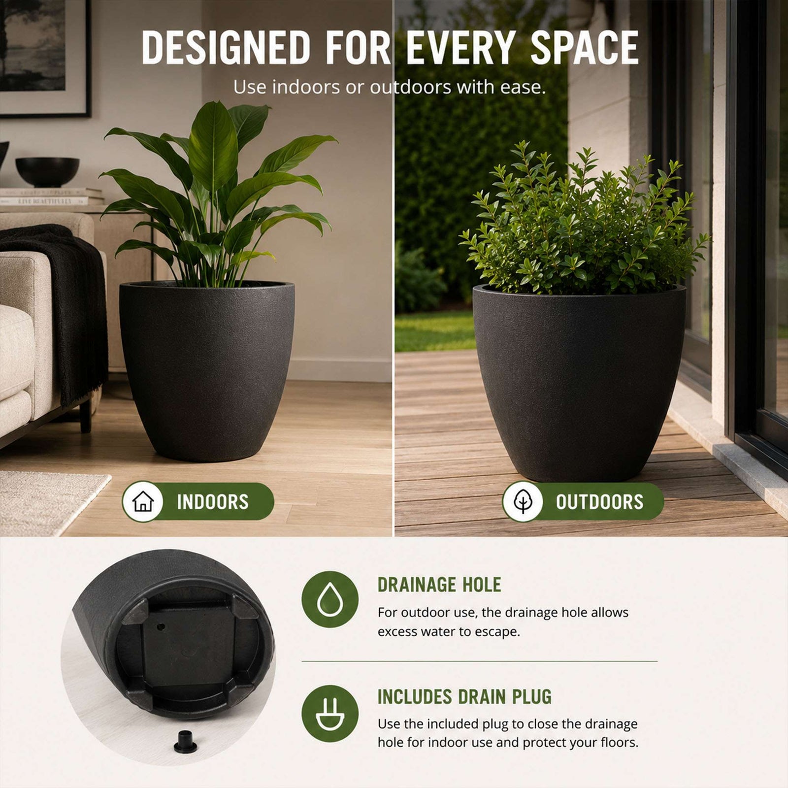 36cm Tall Round Plain Black Rubber Planters - Indoor Outdoor Planter | Set-of-1