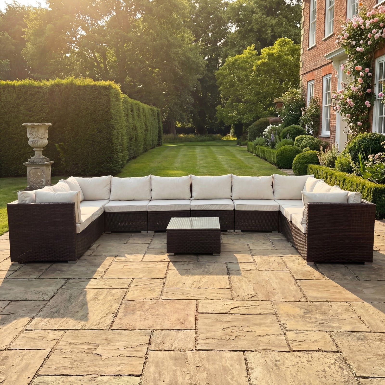 Oliena 10 Seat Modular Rattan Large U-shape Garden Furniture | 9 Piece | Cream & Brown