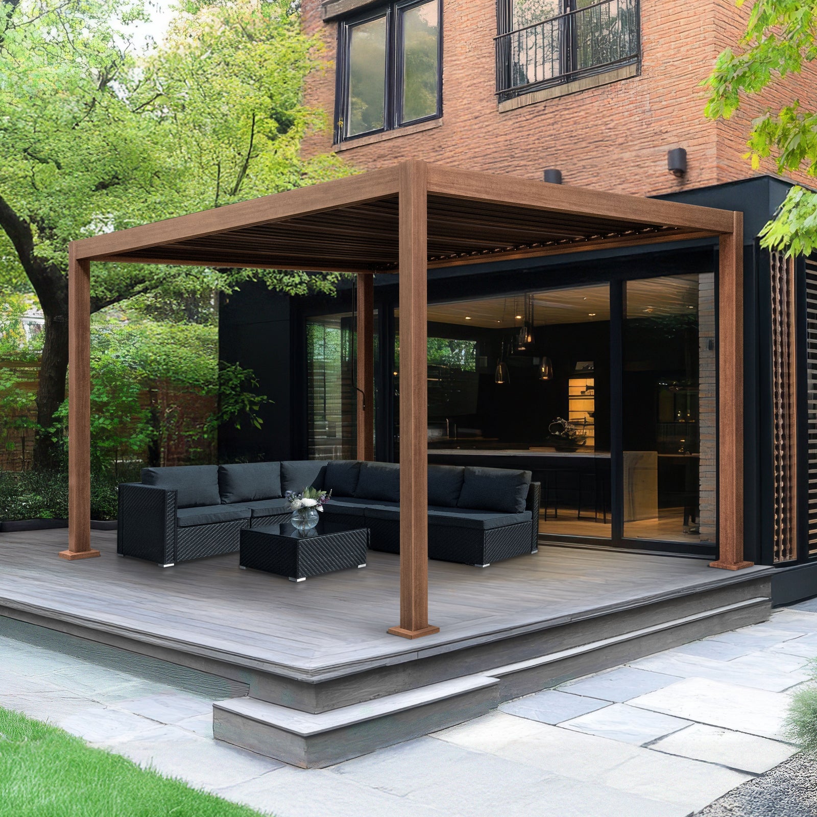 Wood Effect Aluminium Pergola | 4m x 3m | Brown