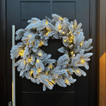 60cm Premium Mixed Branch Prelit Snow Flocked Christmas Wreath - With Timer