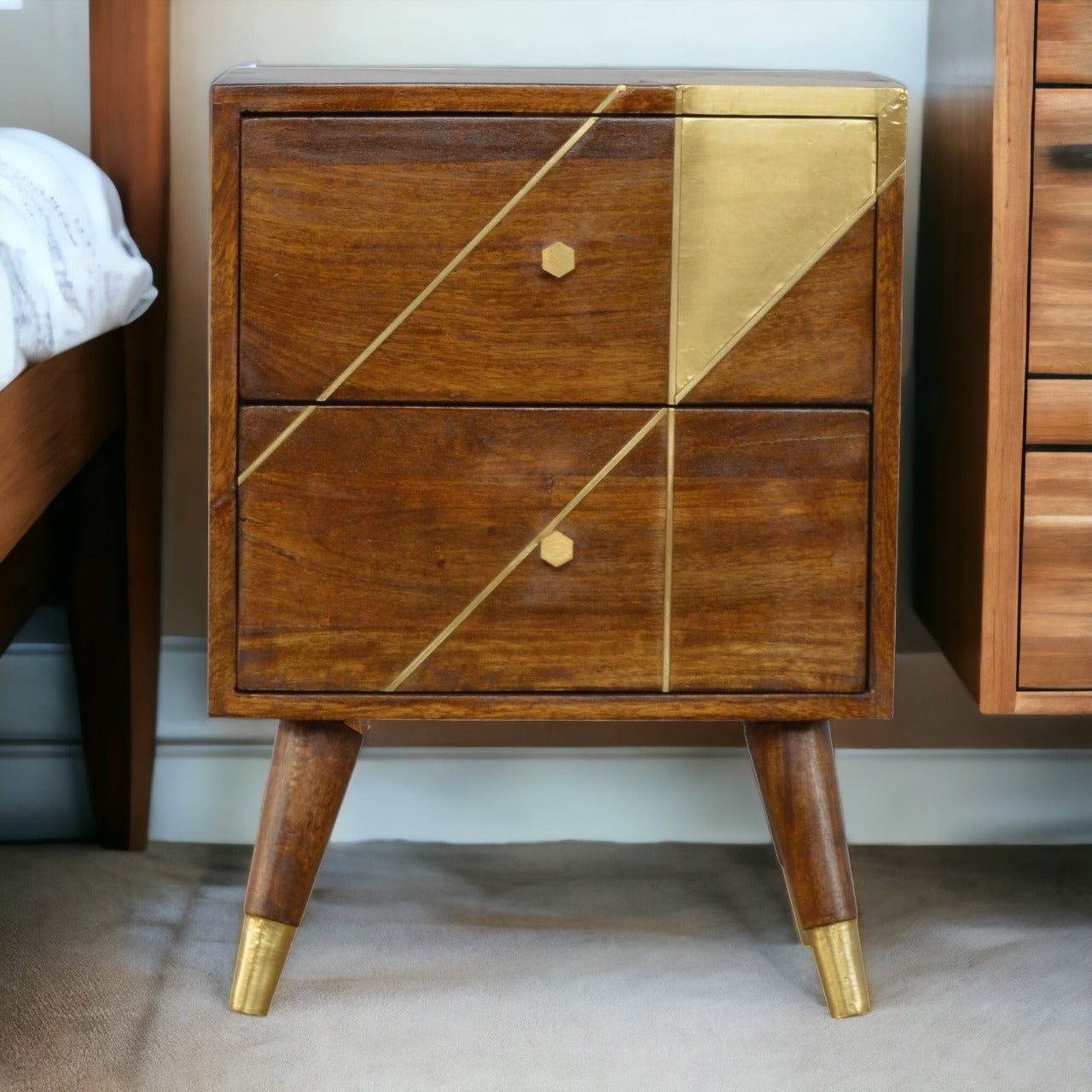 Solid Wood Gold Geometric Chestnut Bedside