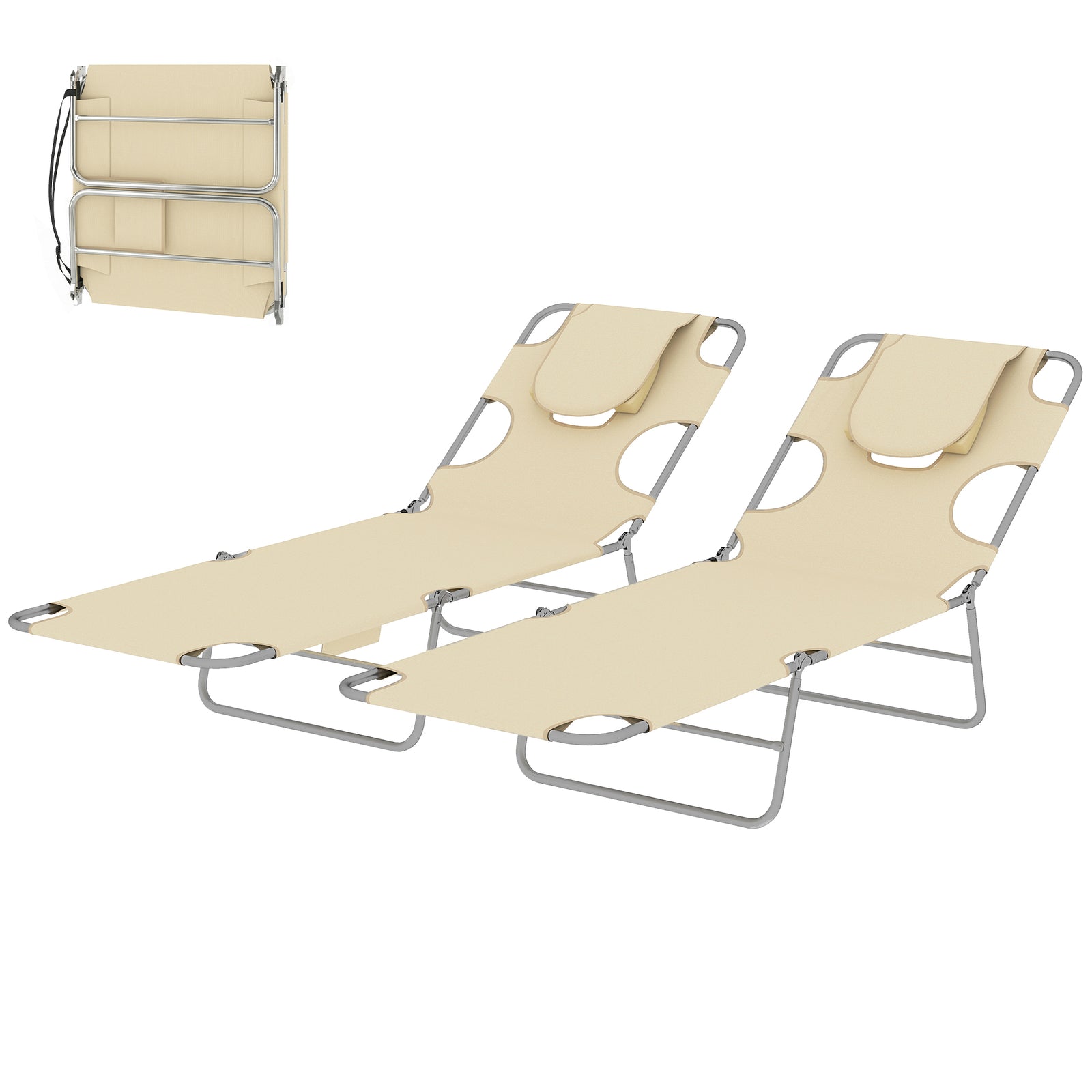 2 Sun Loungers With Reading Hole, Folding Garden Lounger | Beige
