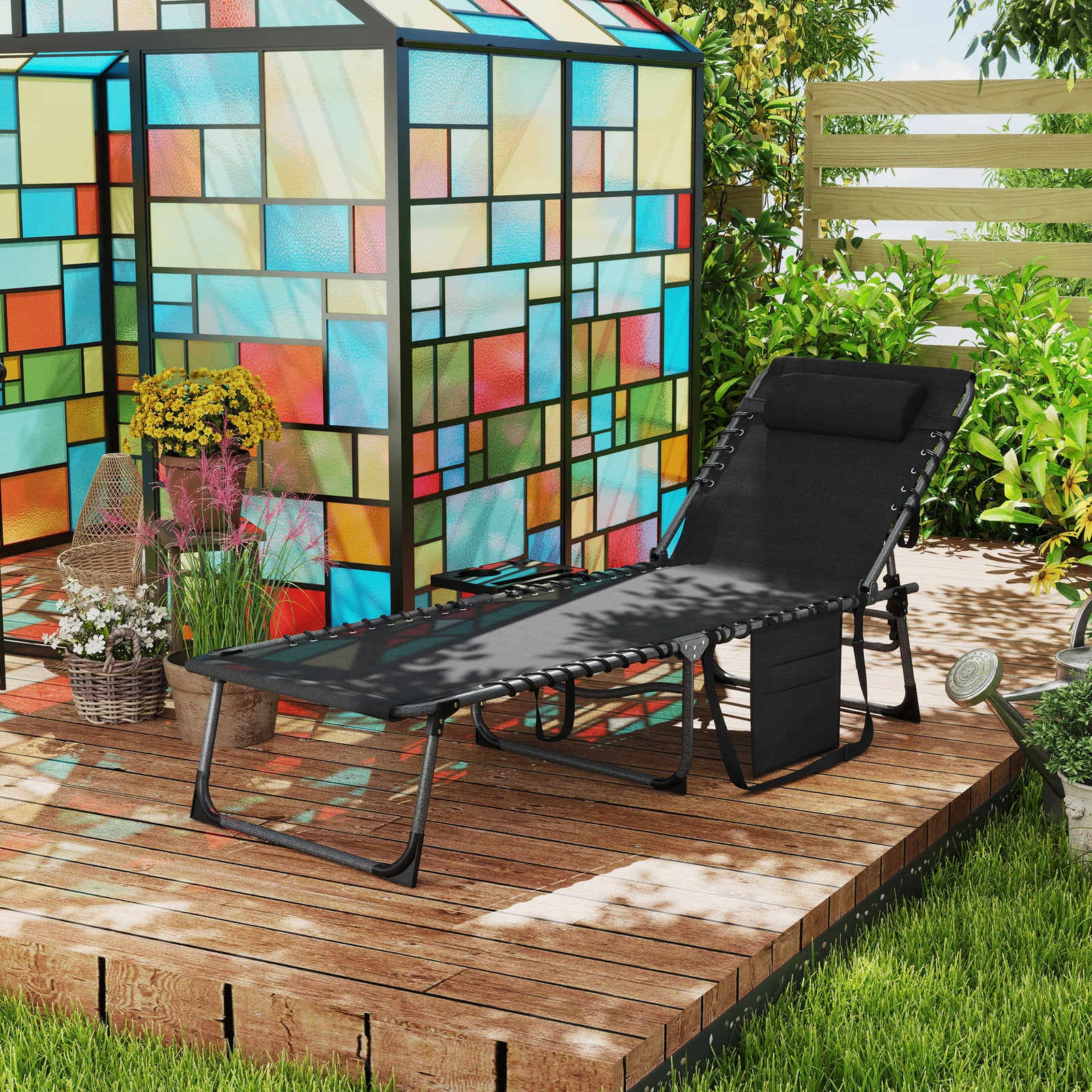 Folding Sun Lounger With 5-level Reclining Back, Side Table | Black