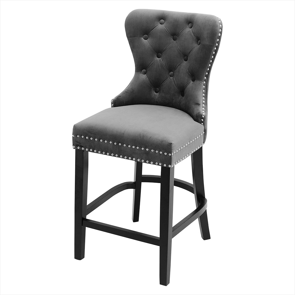 Luxury Velvet Bar Stool With Studded Backrest – Padded Seat, Solid Wood Legs & Footrest