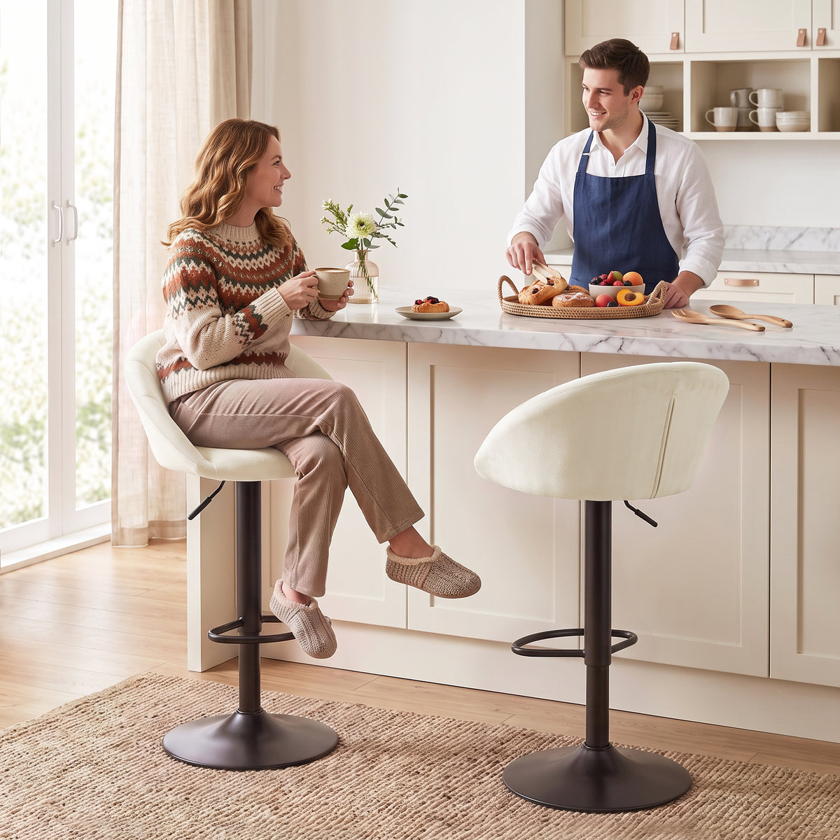 Bar Stools Set Of 2 Velvet Adjustable Swivel | Cream