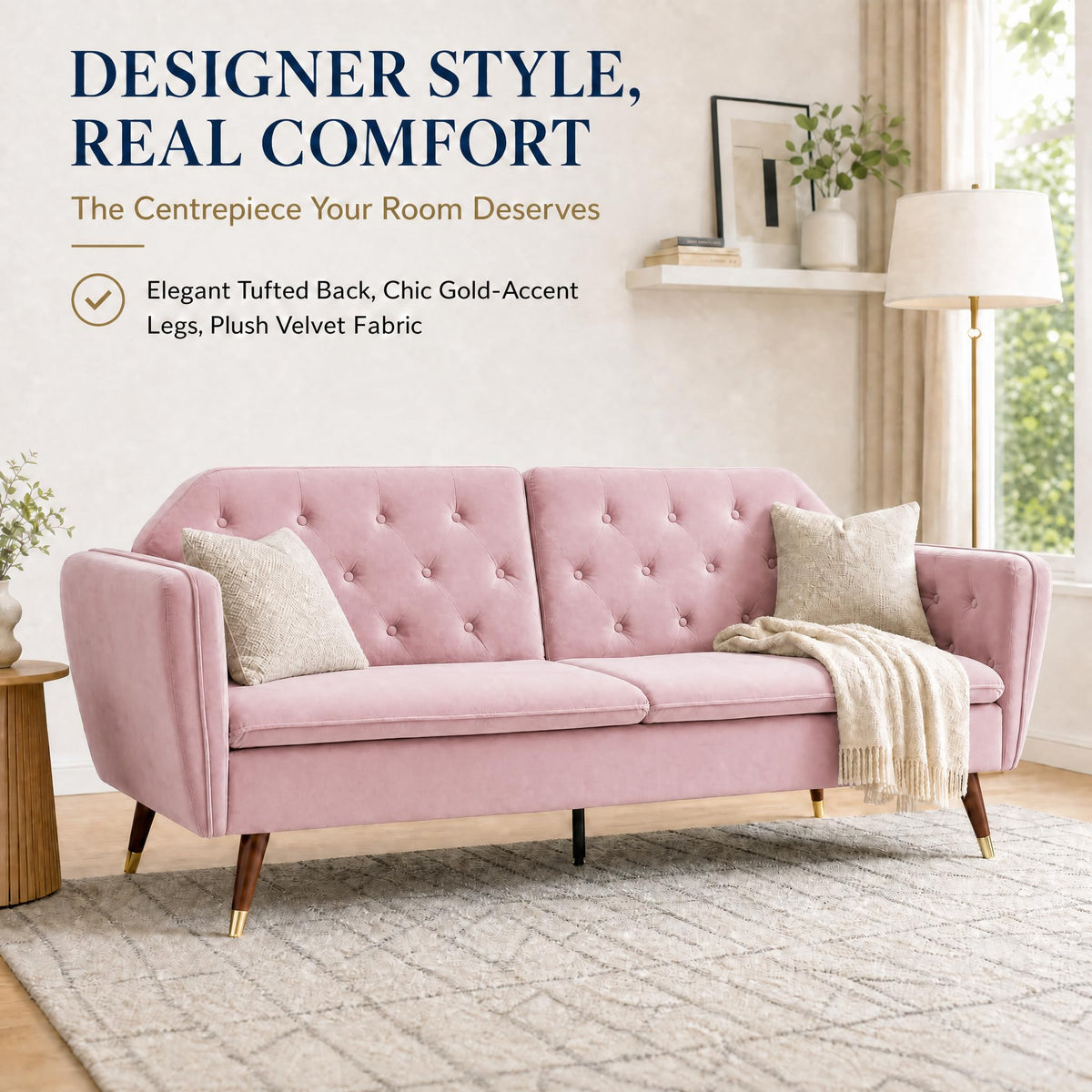 Victoria Velvet Sofa Bed 3 Seater | Pink