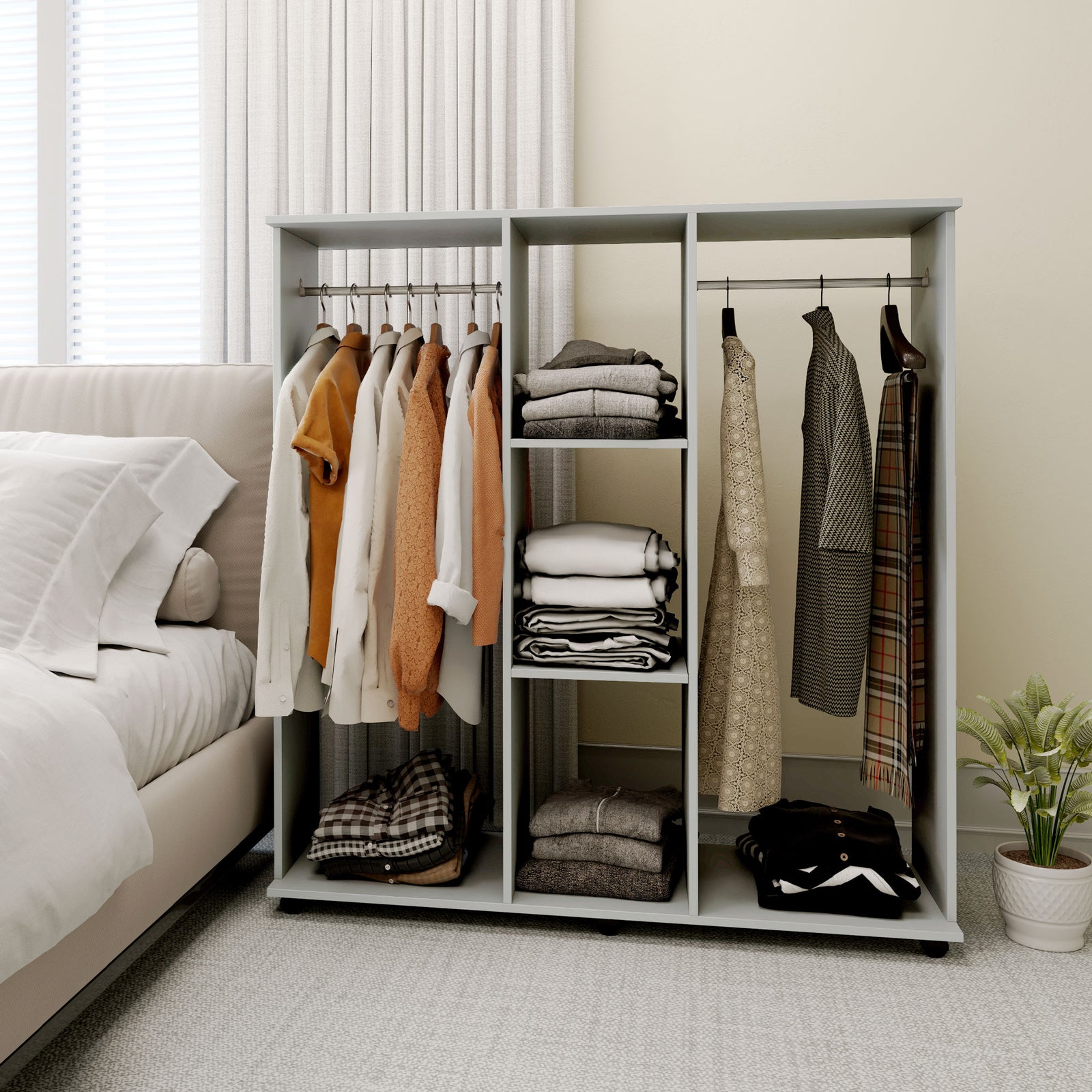 Mobile Double Open Wardrobe W/ Clothes Hanging Rail Colthing | One Size