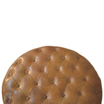 Artisan Furniture Solid Wood Brown Buffalo Leather Round Ottoman With Castor Legs, Upholstered