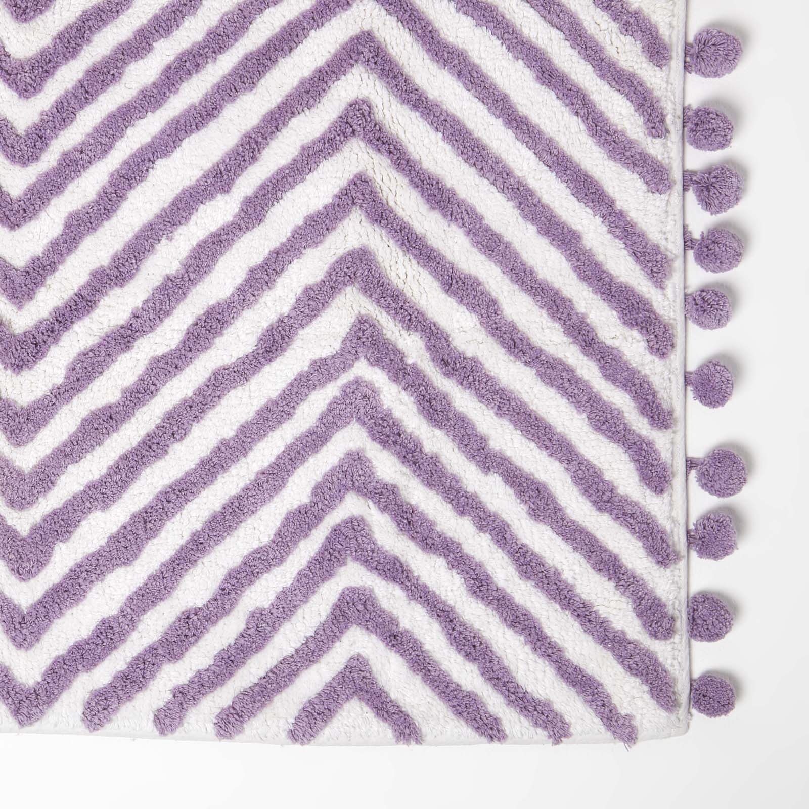 Tufted Cotton Bath Mat Zig Zag Design With Pom Poms | 50 x 80cm | Lilac
