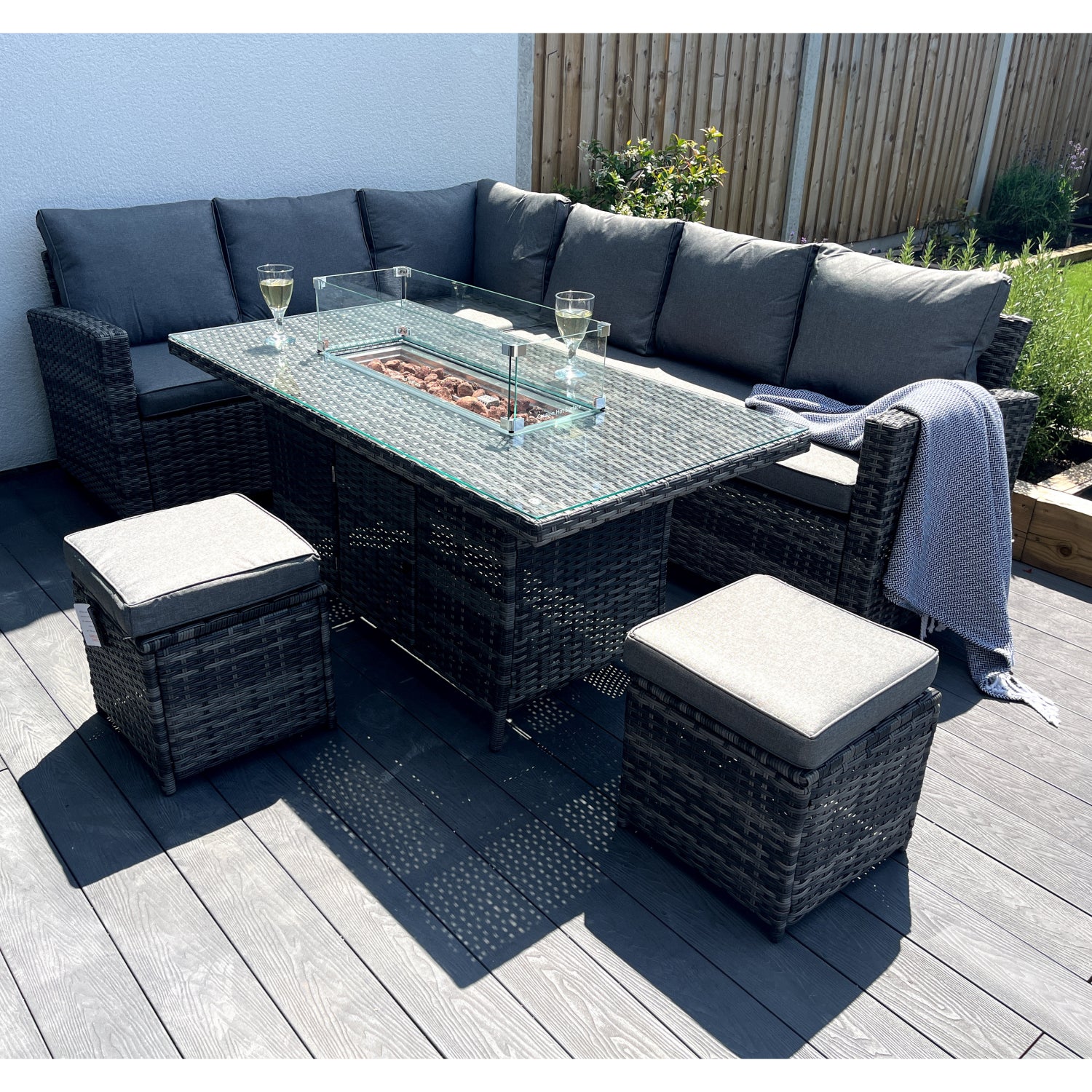 The Croft 8 Seat Corner Gas Firepit Rattan Dining Set | Dark Grey