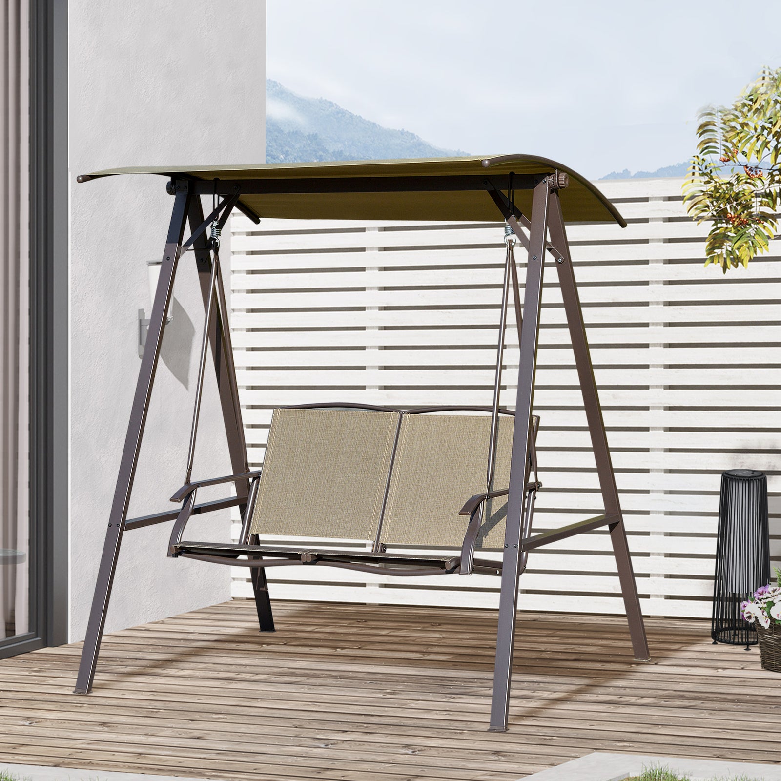 2 Seater Garden Swing Chair Outdoor Canopy Swing W/ Shade | Brown