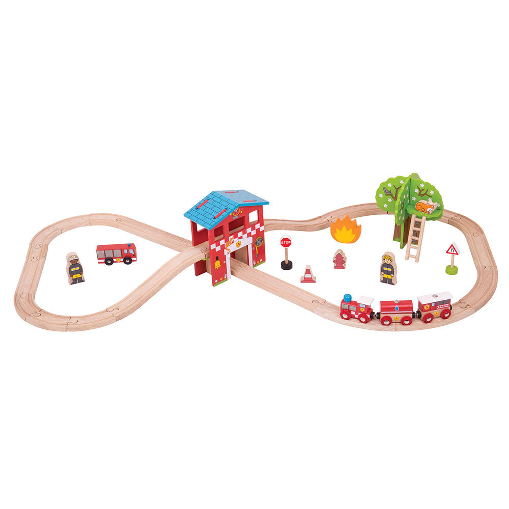 Wooden Fire Station Train Set - 39 Pieces