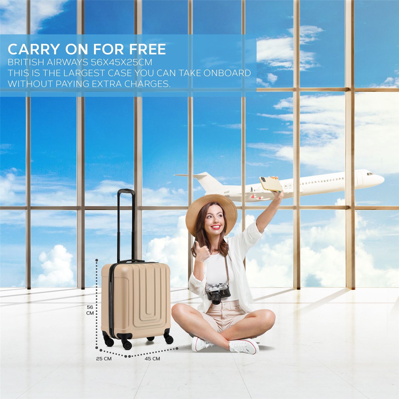 56x45x25cm Large Cabin Carry On Case - Overhead Luggage Suitcase - 4 Spinner Wheels - Abs Hard Shell Cabin Bag | Cabin | Champagne