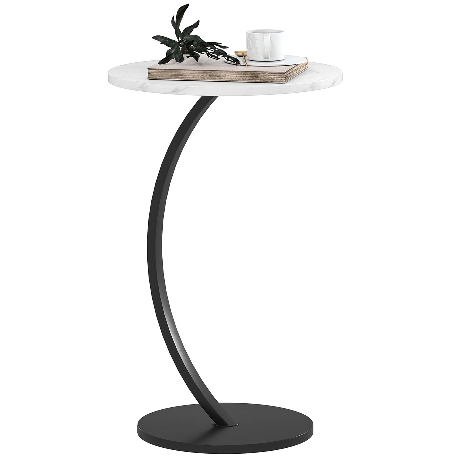 HOMCOM C Shaped Side Table, Round Bedside Table W/ Marble Effect Top, White