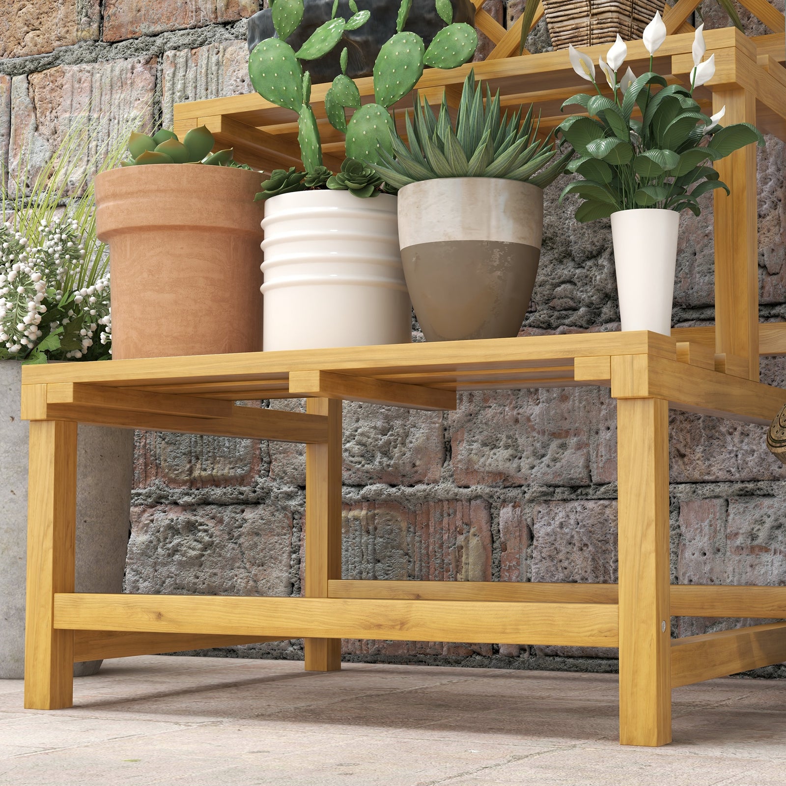 2 Tier Wooden Plant Stand With Trellis, Garden Bed | Yellow