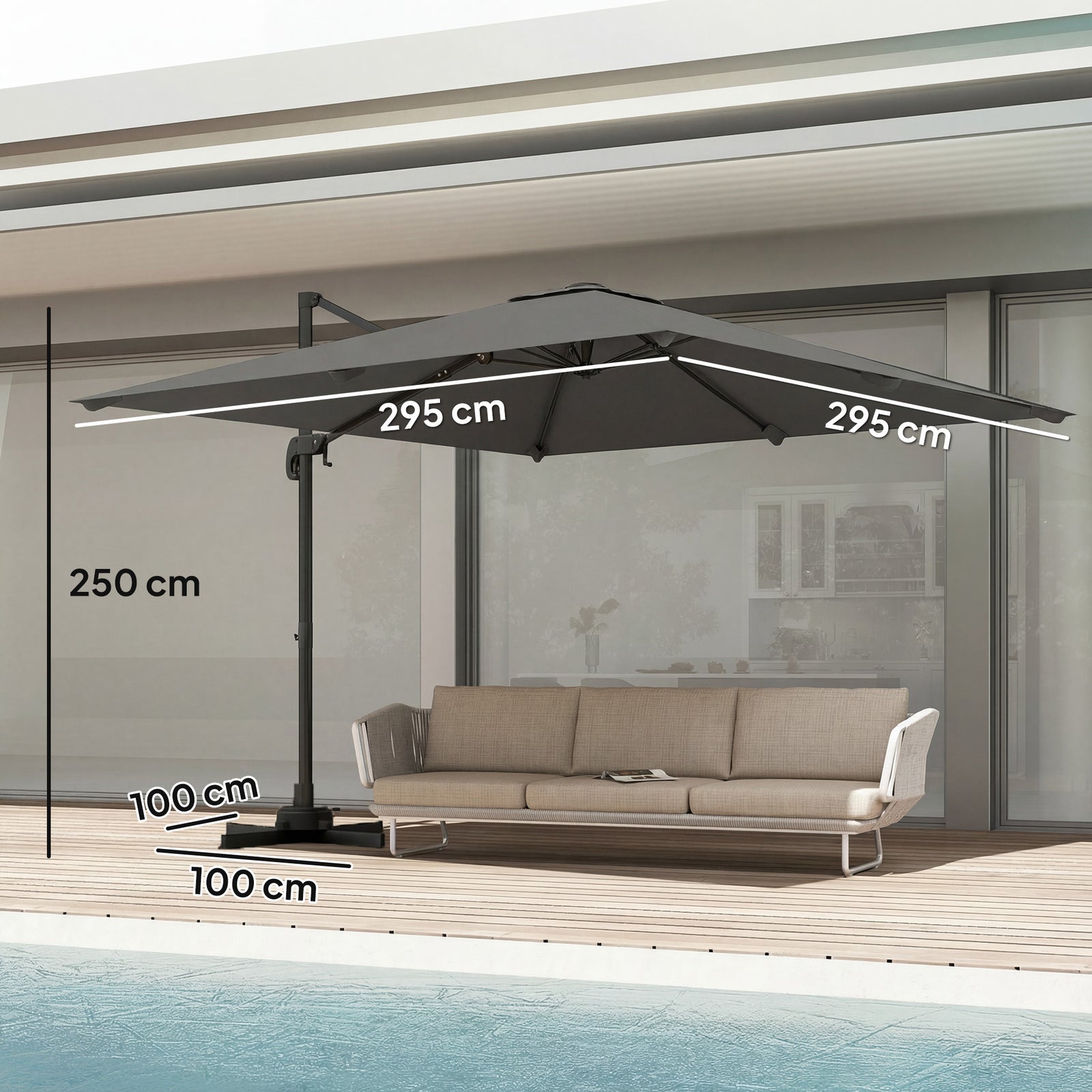 3 X 3 M Cantilever Parasol, Square Patio Umbrella With Crank Handle | Dark Grey