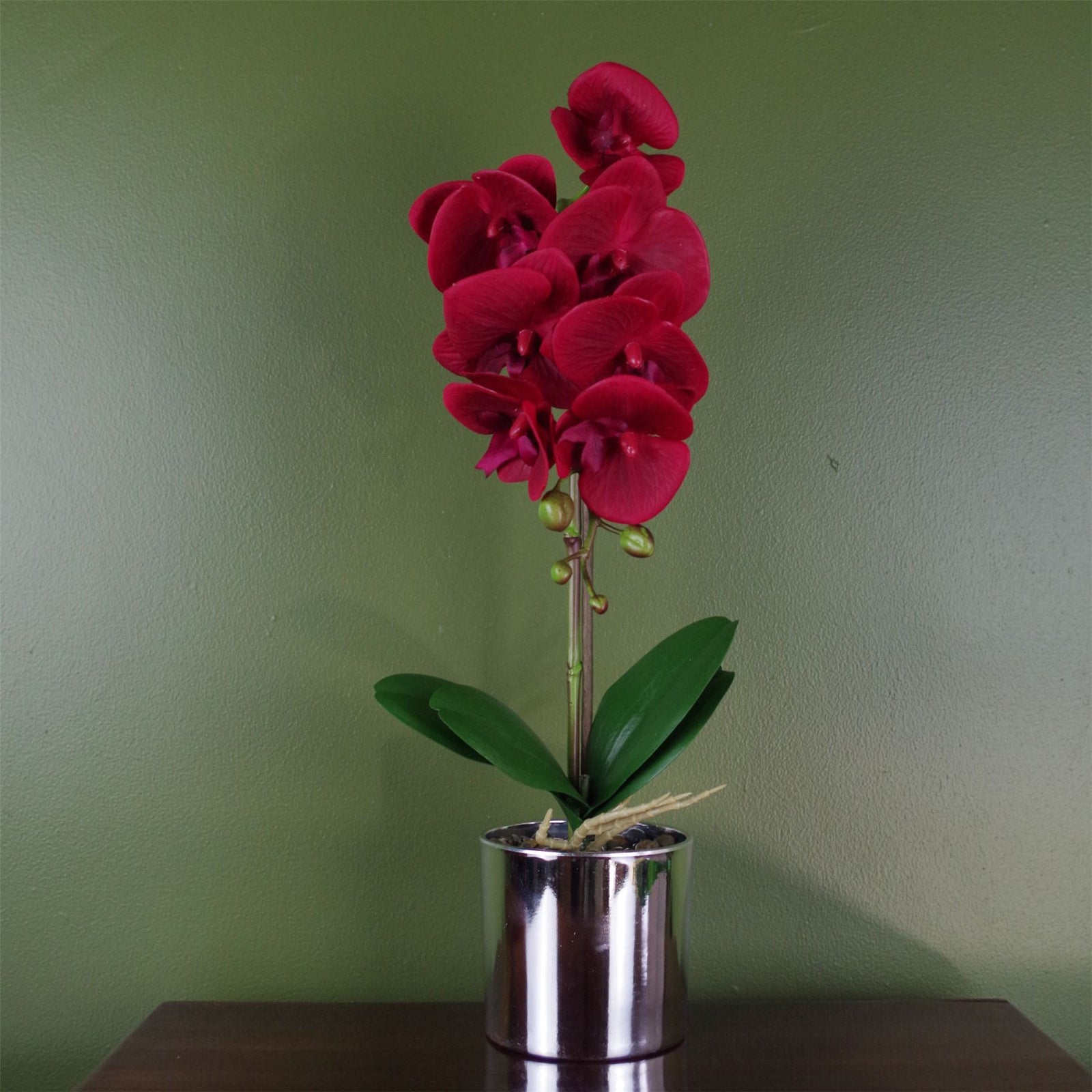 Artificial 46cm Orchid Red With Silver Pot