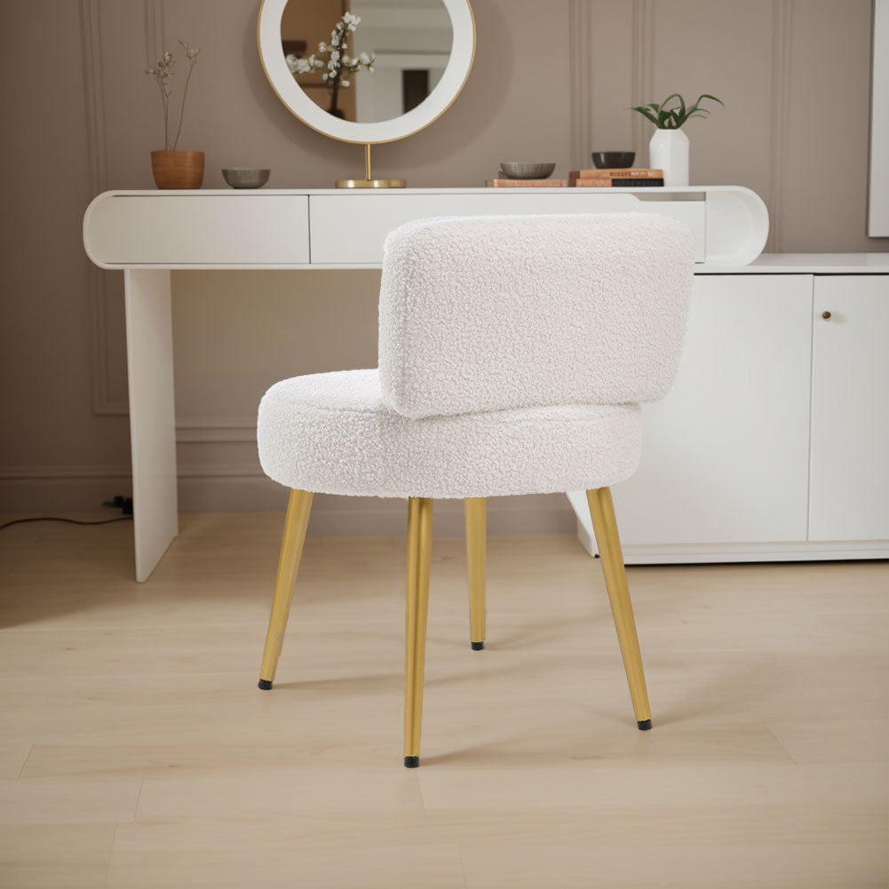 Cream Faux Fur Vanity Stool Chair With Metal Legs