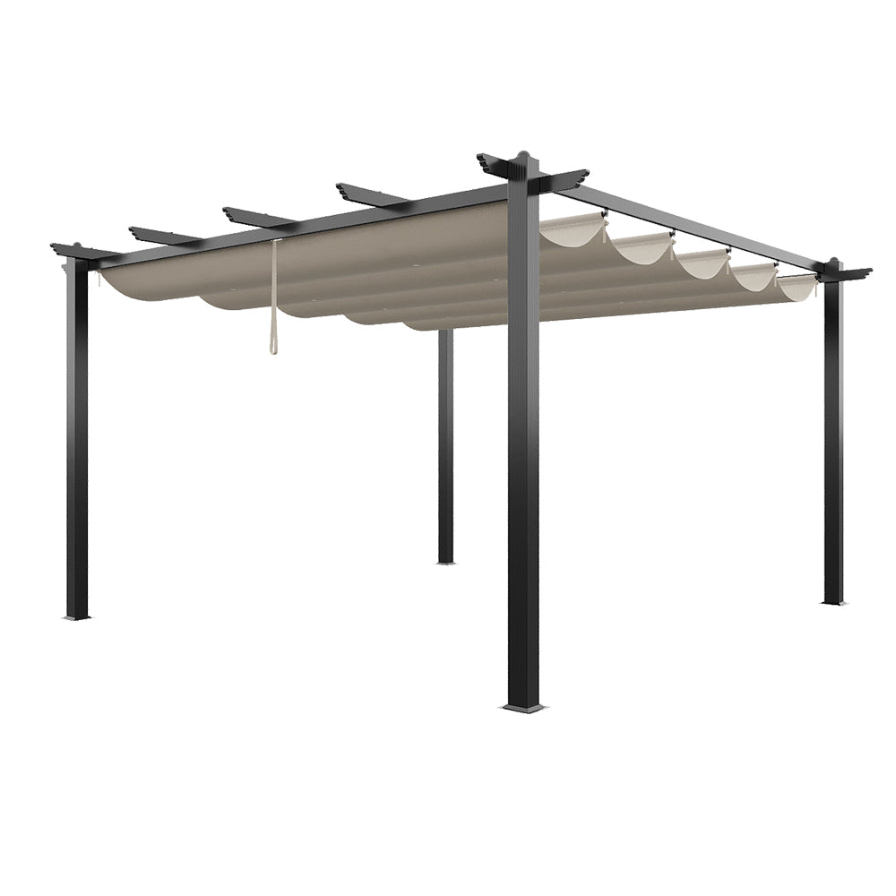 4m X 4m Outdoor Aluminium Pergola With Retractable Roof, Pu-coated Water-resistant Canopy,black Frame Patio Shelter For Garden, Backyard | Beige