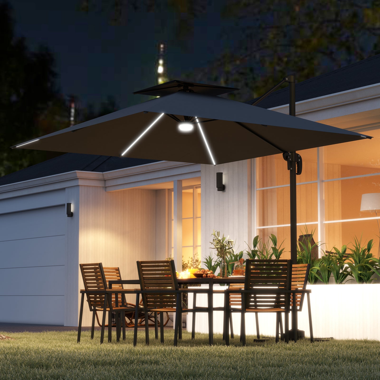 2.5m Cantilever Parasol, Solar Led Lights, Double Top | Dark Grey