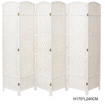 4/6-panel Foldable Room Divider – White Weave Fiber And Solid Wood Frame | Large