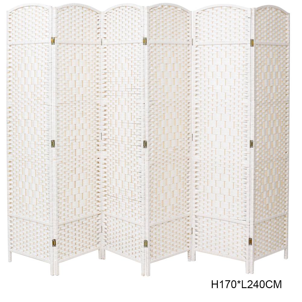 4/6-panel Foldable Room Divider – White Weave Fiber And Solid Wood Frame | Large