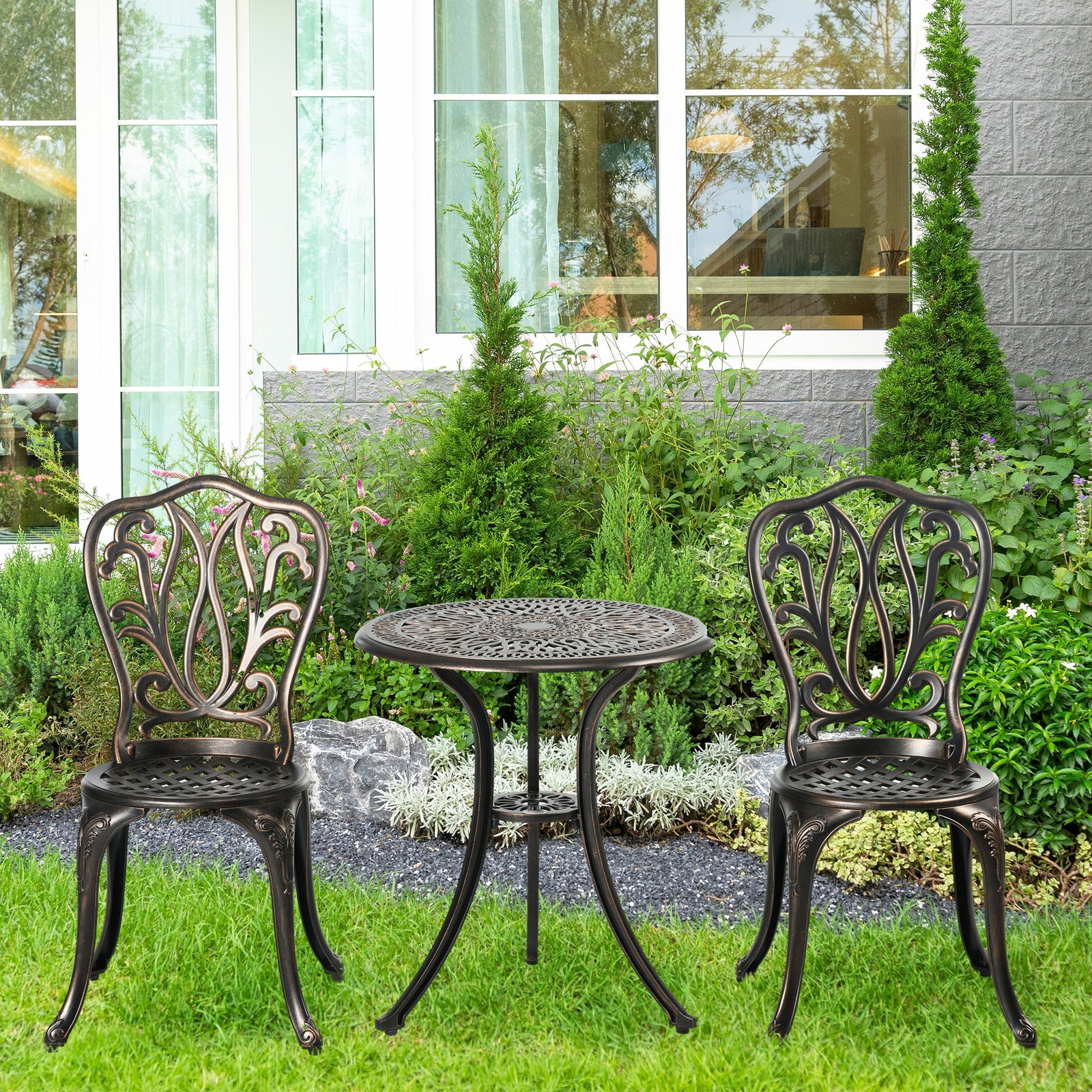 Outsunny 3 Piece Patio Bistro Set Outdoor Table Set W/ Umbrella Hole