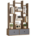 12-tier Bookshelf, Bookcase W/ 2 Folding Drawer | Rustic Brown