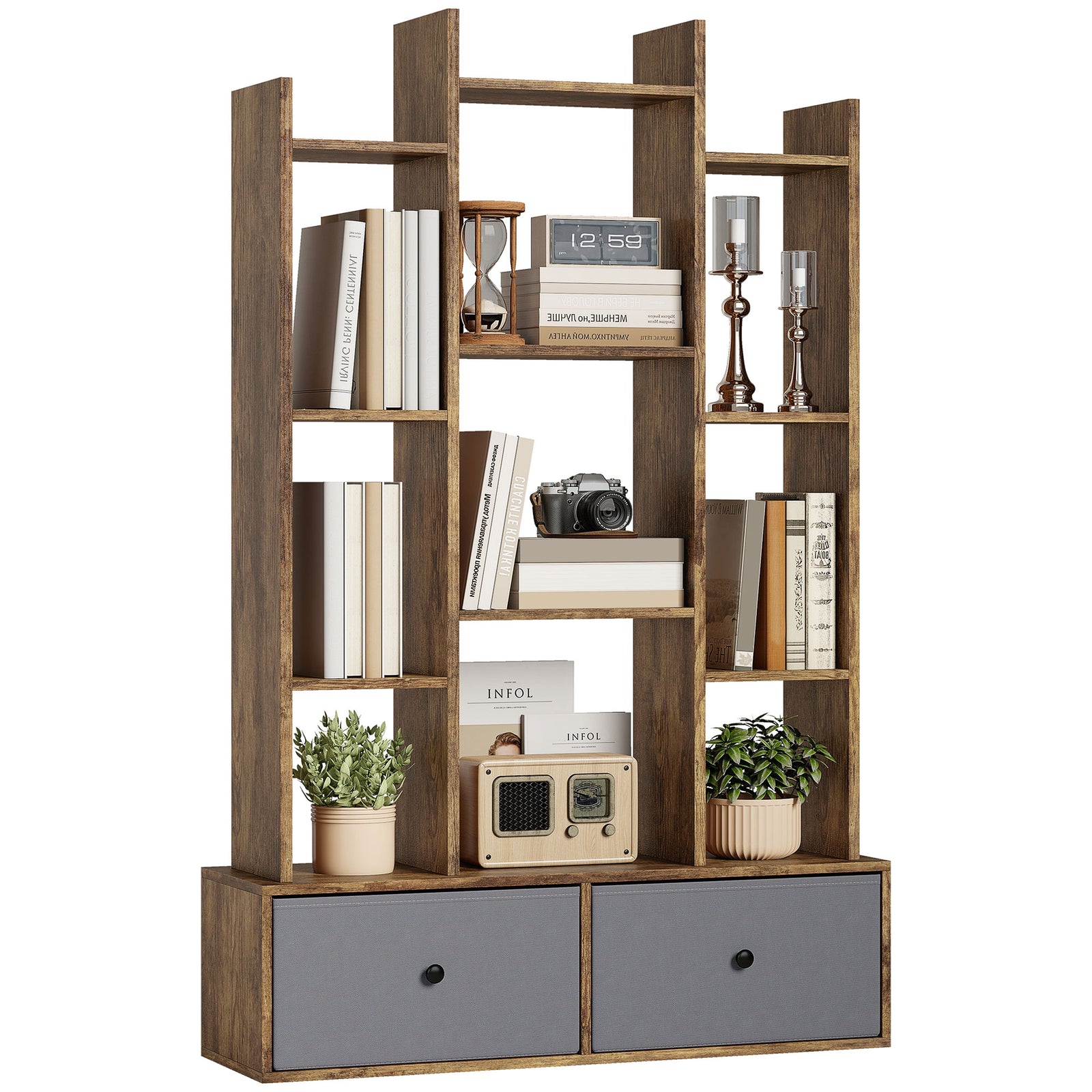 12-tier Bookshelf, Bookcase W/ 2 Folding Drawer | Rustic Brown