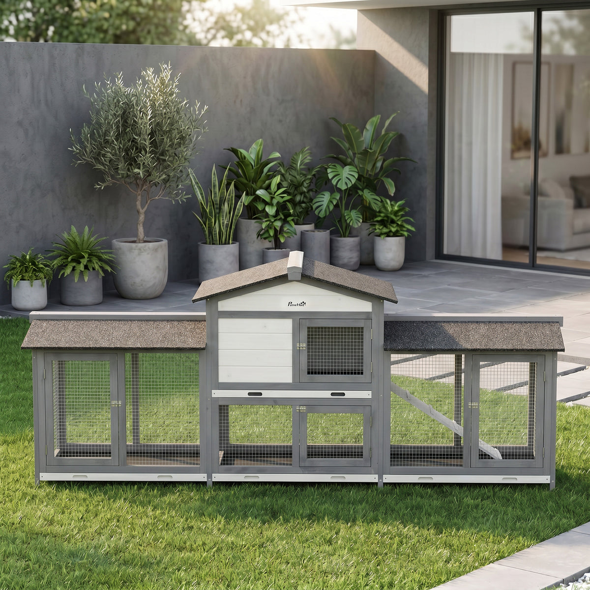 PawHut Rabbit Hutch, Guinea Pig Hutch, 2-tier Bunny House W/ Run