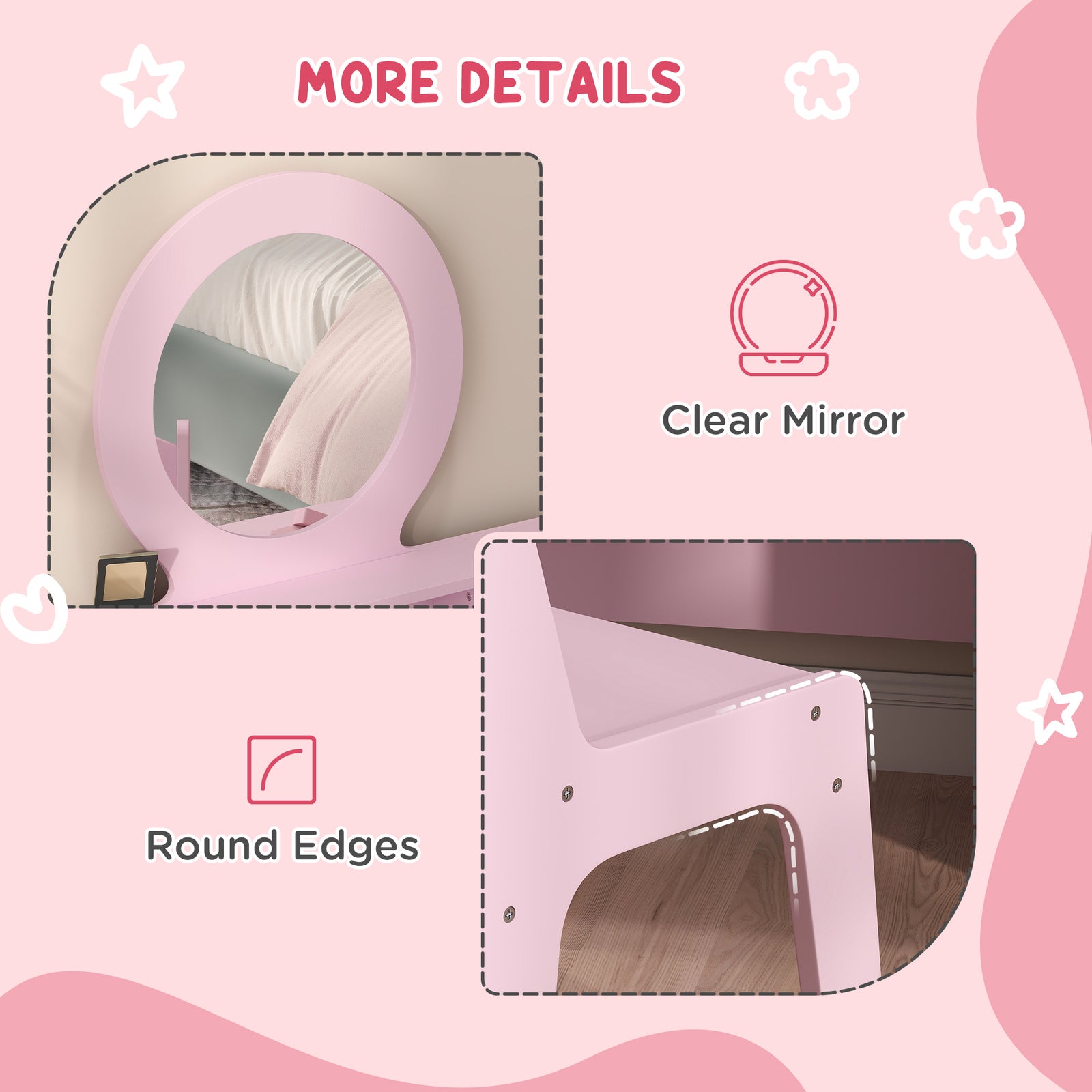 Kids Dressing Table Set W/ Stool, Mirror, Drawers | Pink