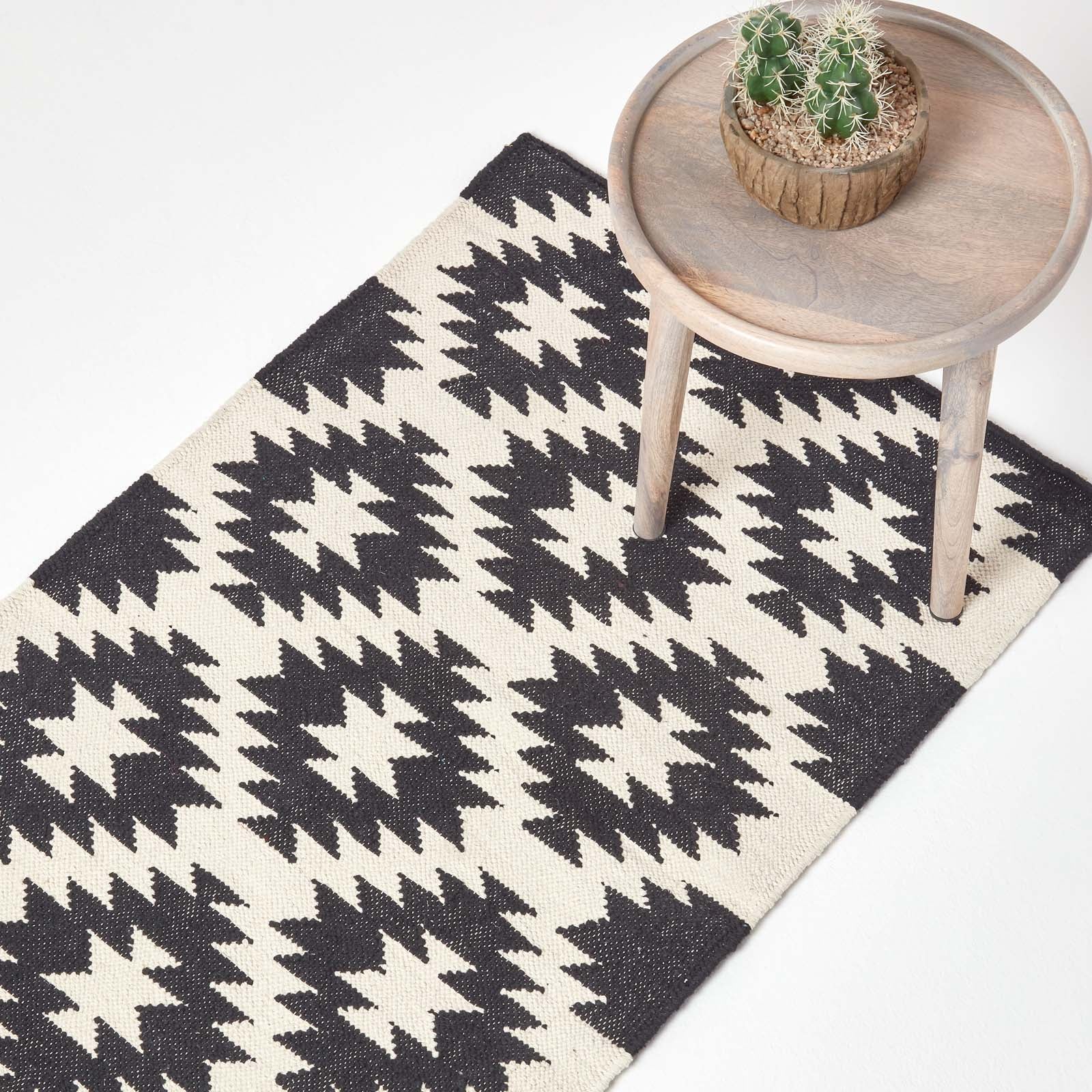 Zurich Handwoven Black And White Cotton Geometric Kilim Rug | 200cm | Black & White