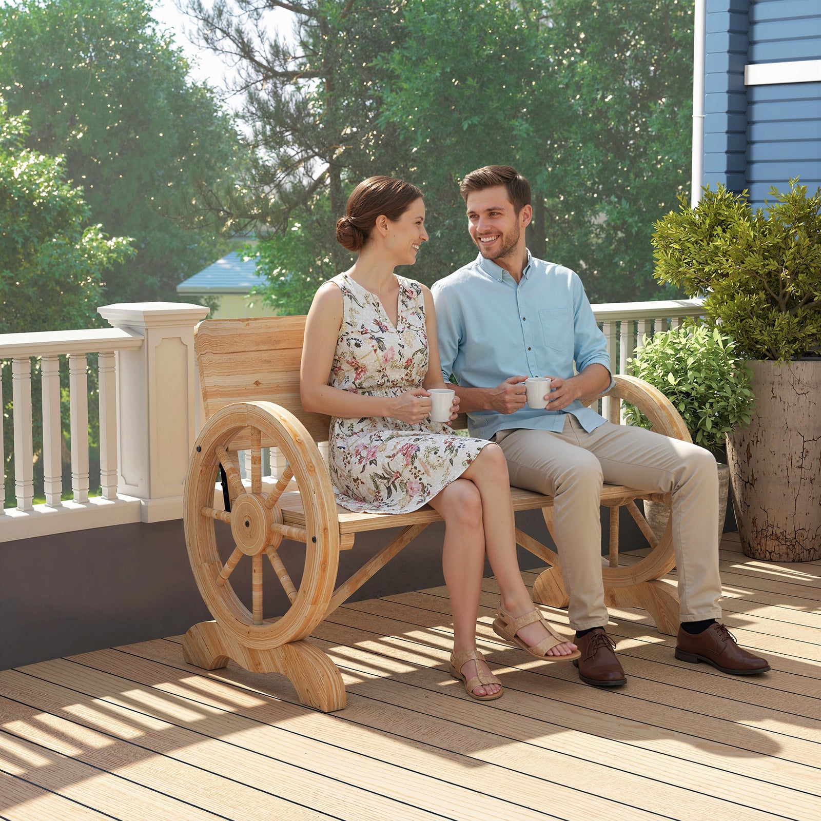 Outsunny Wooden Garden Bench Outdoor Loveseat With High Back, Natural Wood