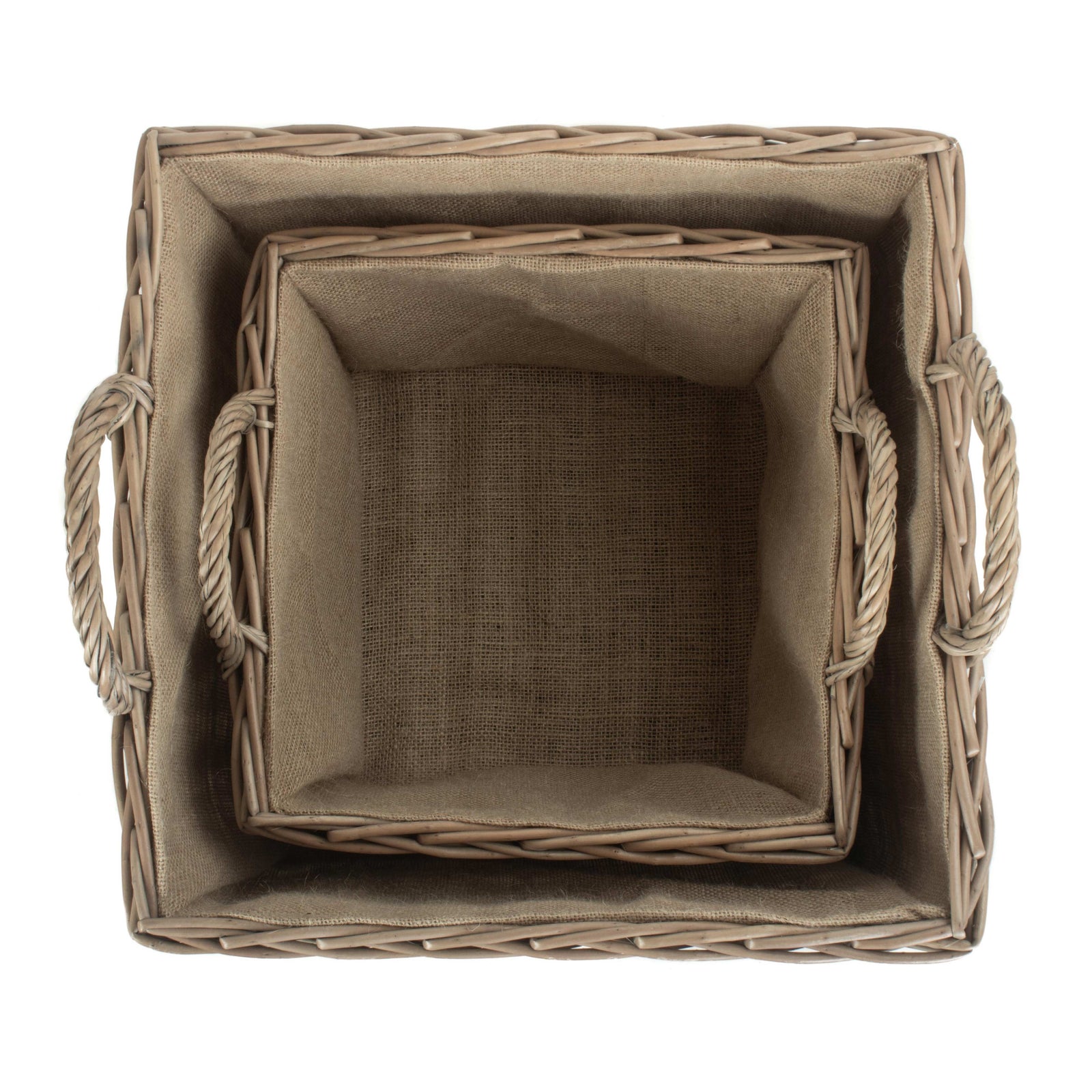 Wicker Antique Wash Square Hessian Lined Log Basket | Set-of-2 | Brown