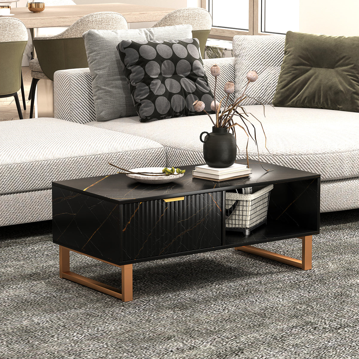 Coffee Table, Living Room Table With Drawer And Open Shelves | Black