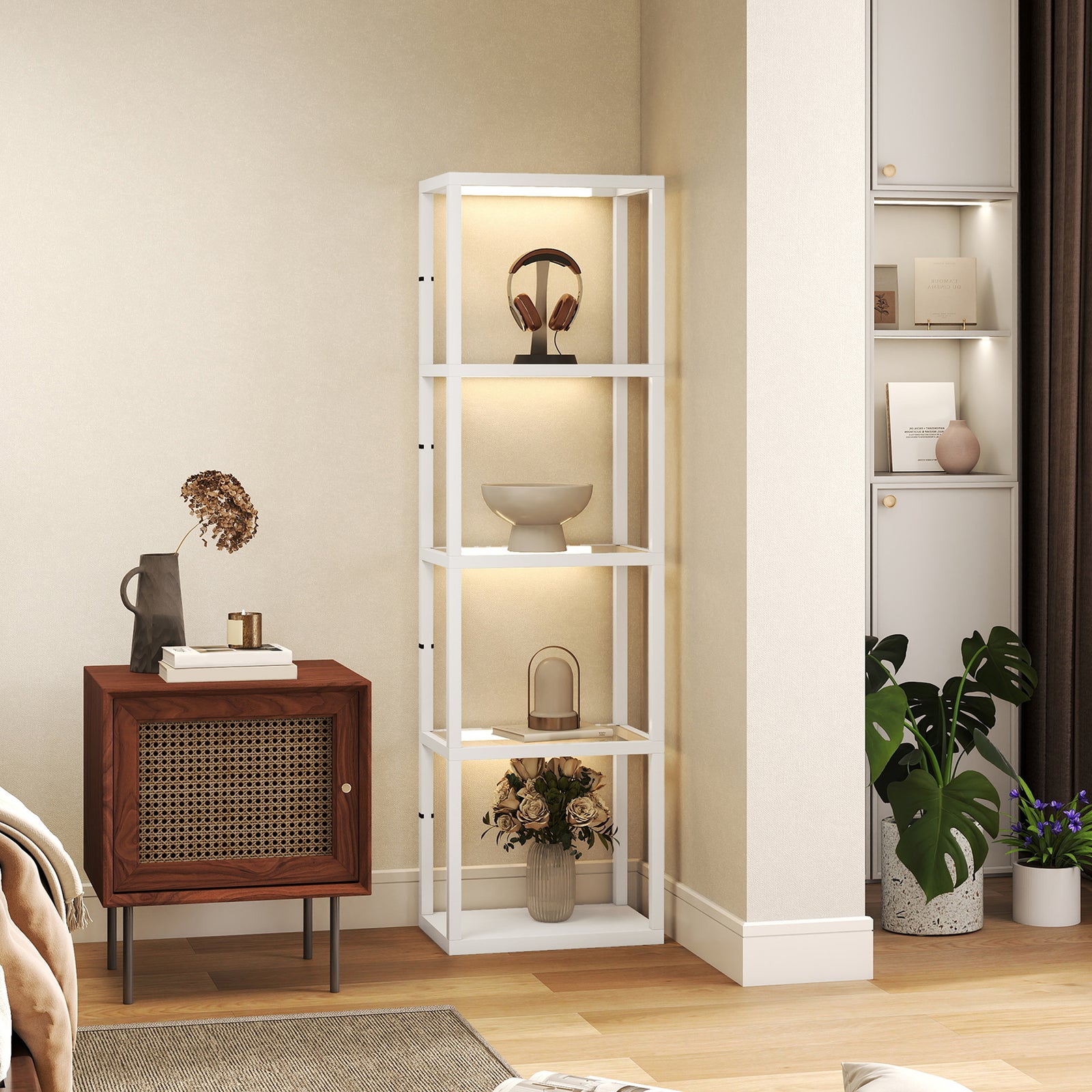 Led Floor Lamp With Glass Shelves, Dimmable Room Lamp | White