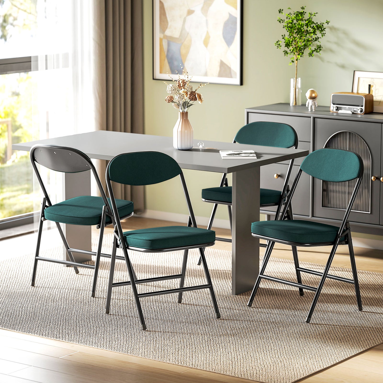 Folding Chairs Set Of 4 With Cushioned Seat, Steel Frame | Teal