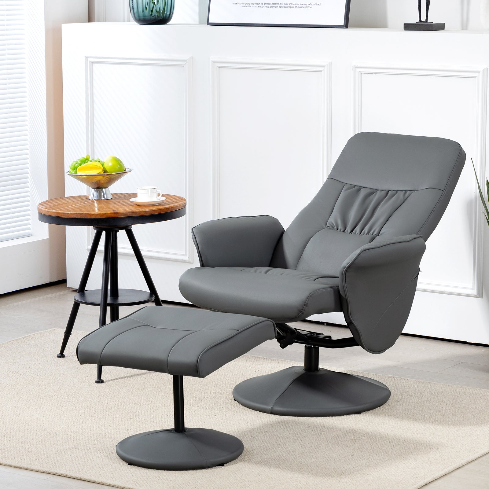 Pu Leather Armchair And Footrest Swivel Recliner W/ Ottoman | One Size | Grey