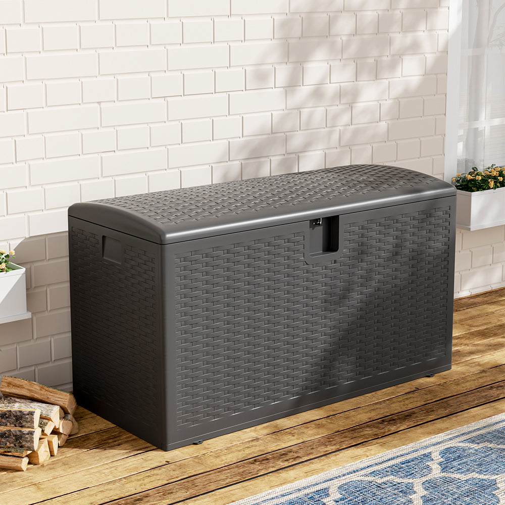 450l Rattan Deck Storage Box – Large Outdoor Garden Furniture Organizer, Weatherproof Patio Storage Chest | Black