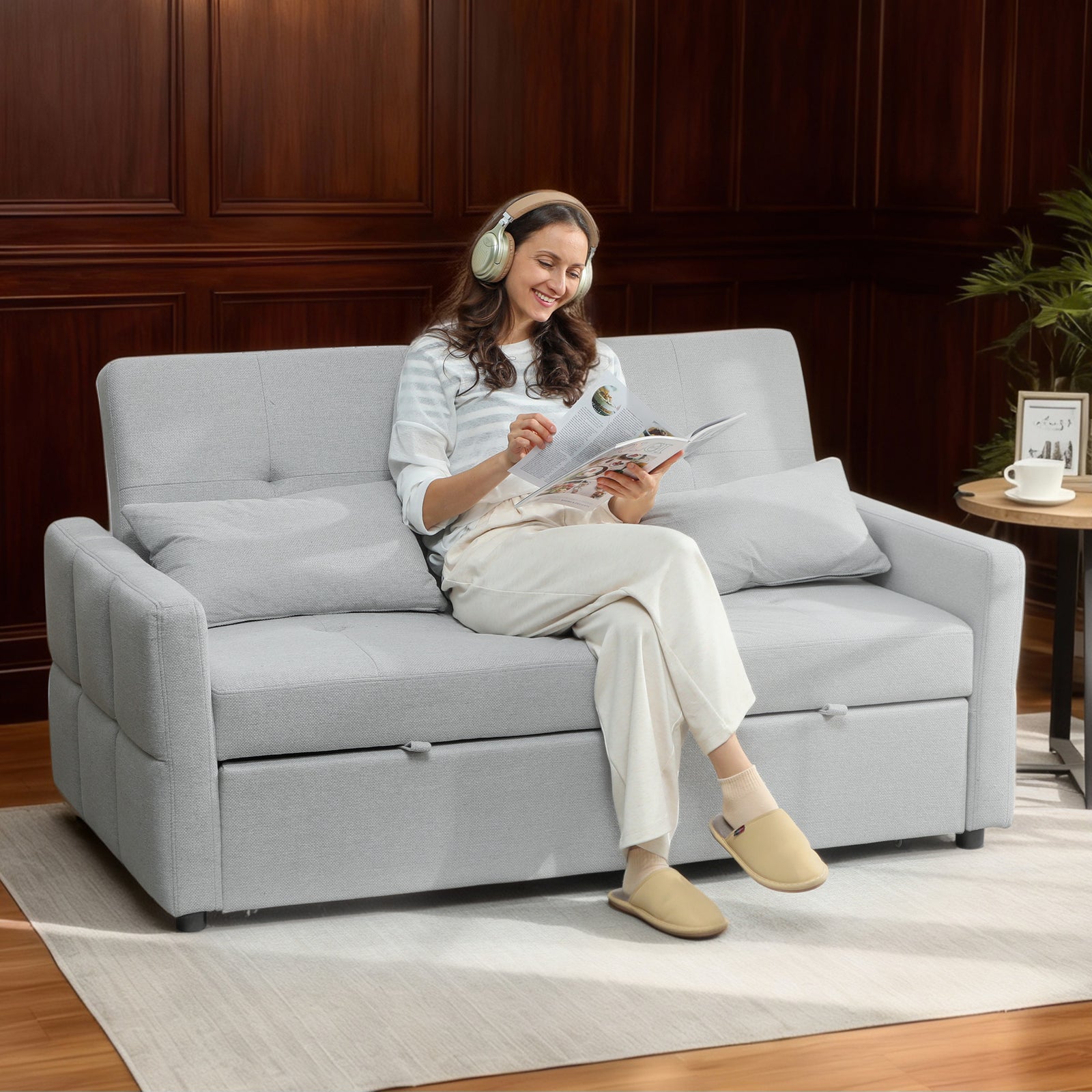 2 Seater Sofa Bed, Convertible Pull Out Bed Settee | Light Grey