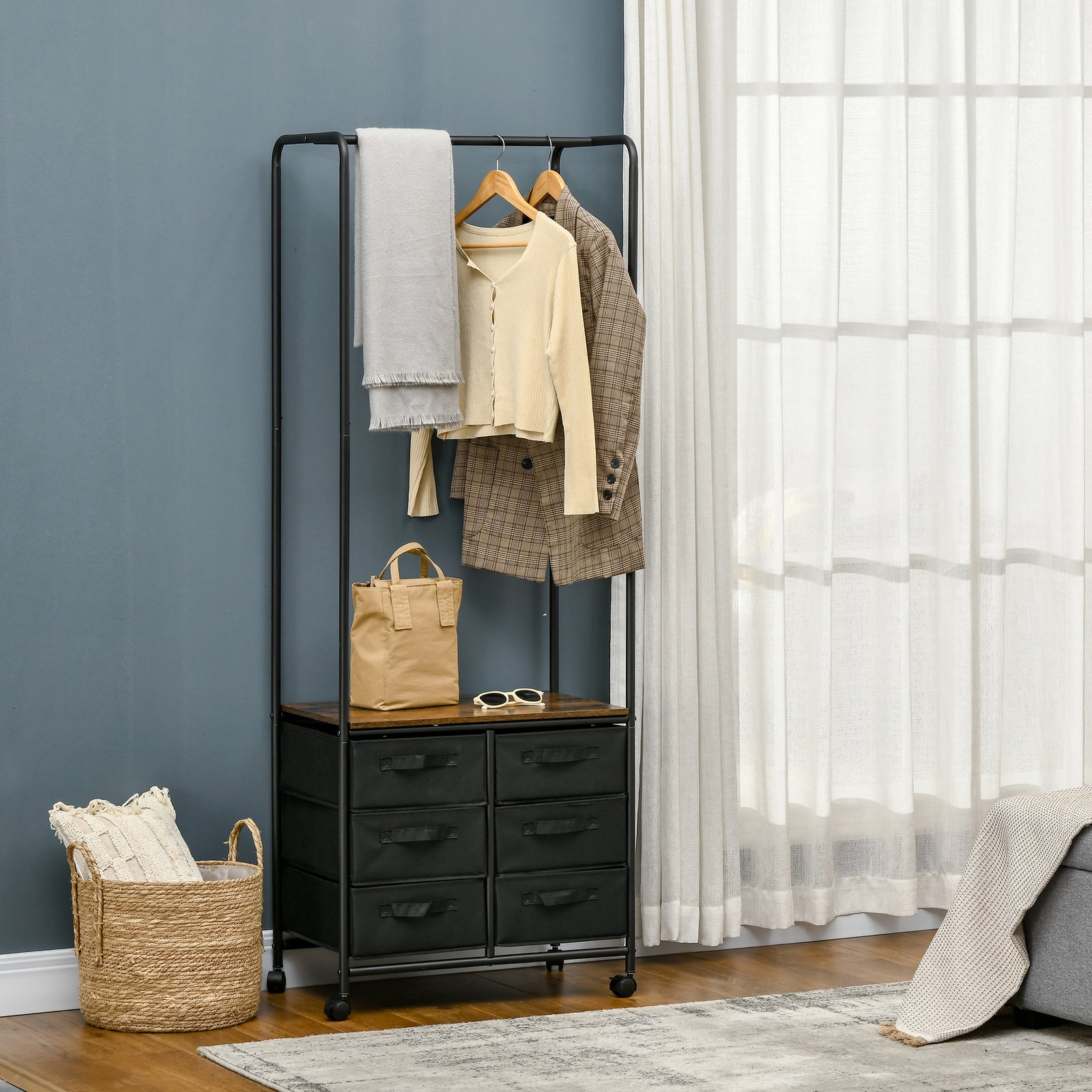 Hanging Clothes Rail Clothes Rack W/ 6 Fabric Drawers