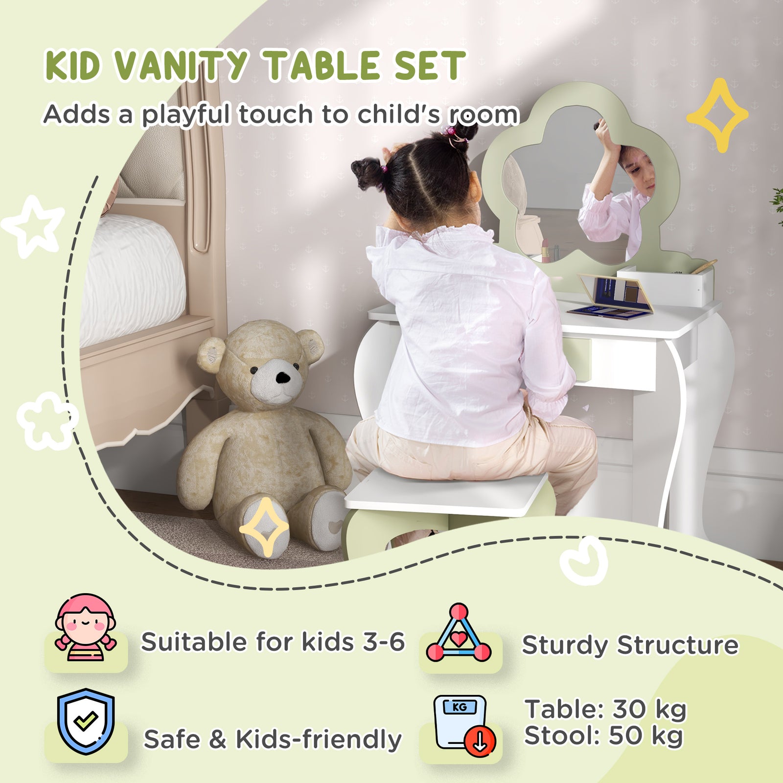 Kids Dressing Table With Mirror And Stool, Drawer, Storage Boxes - White | White
