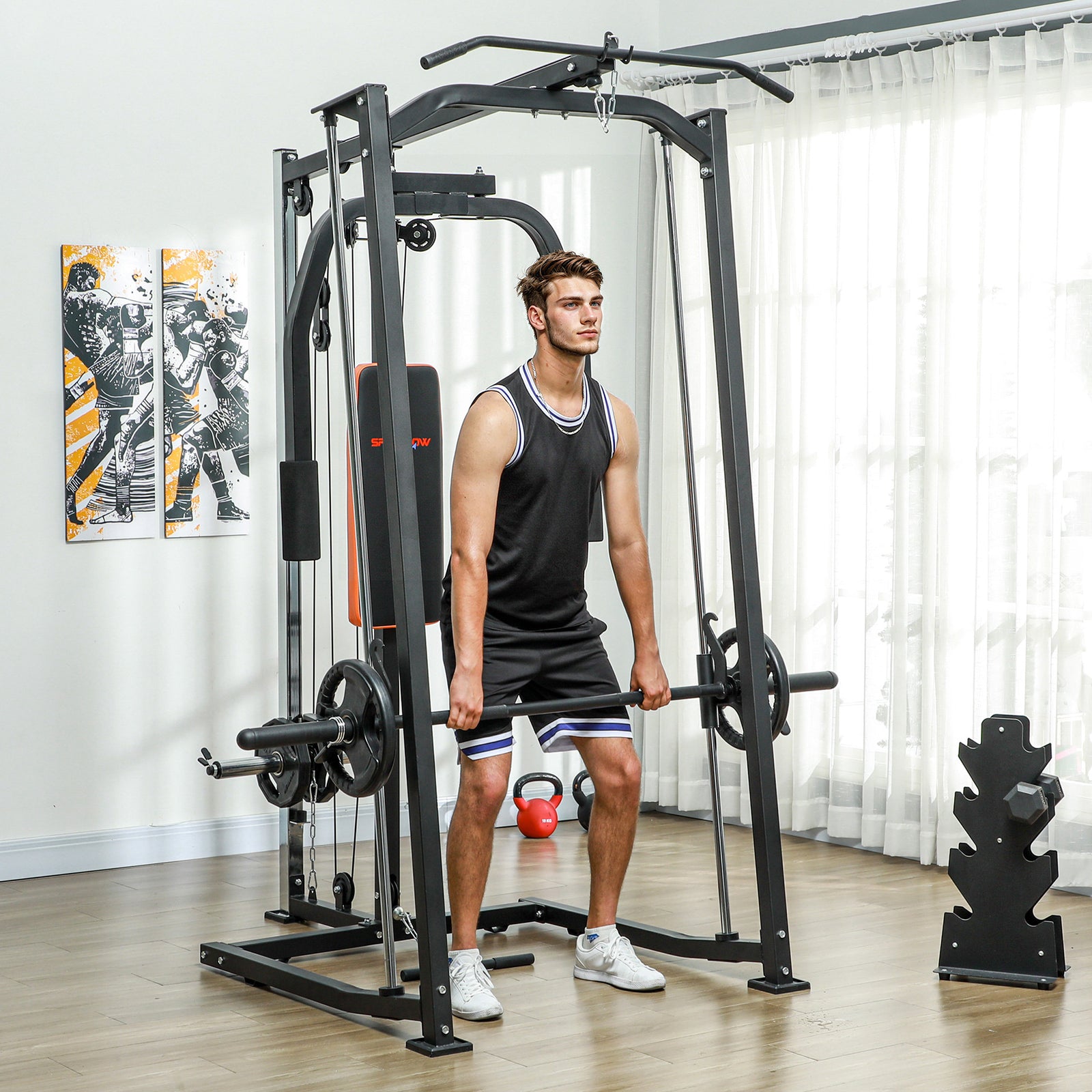 3 In 1 Smith Machine, Multi-functional Power Cage With Dual Cable Pulley System