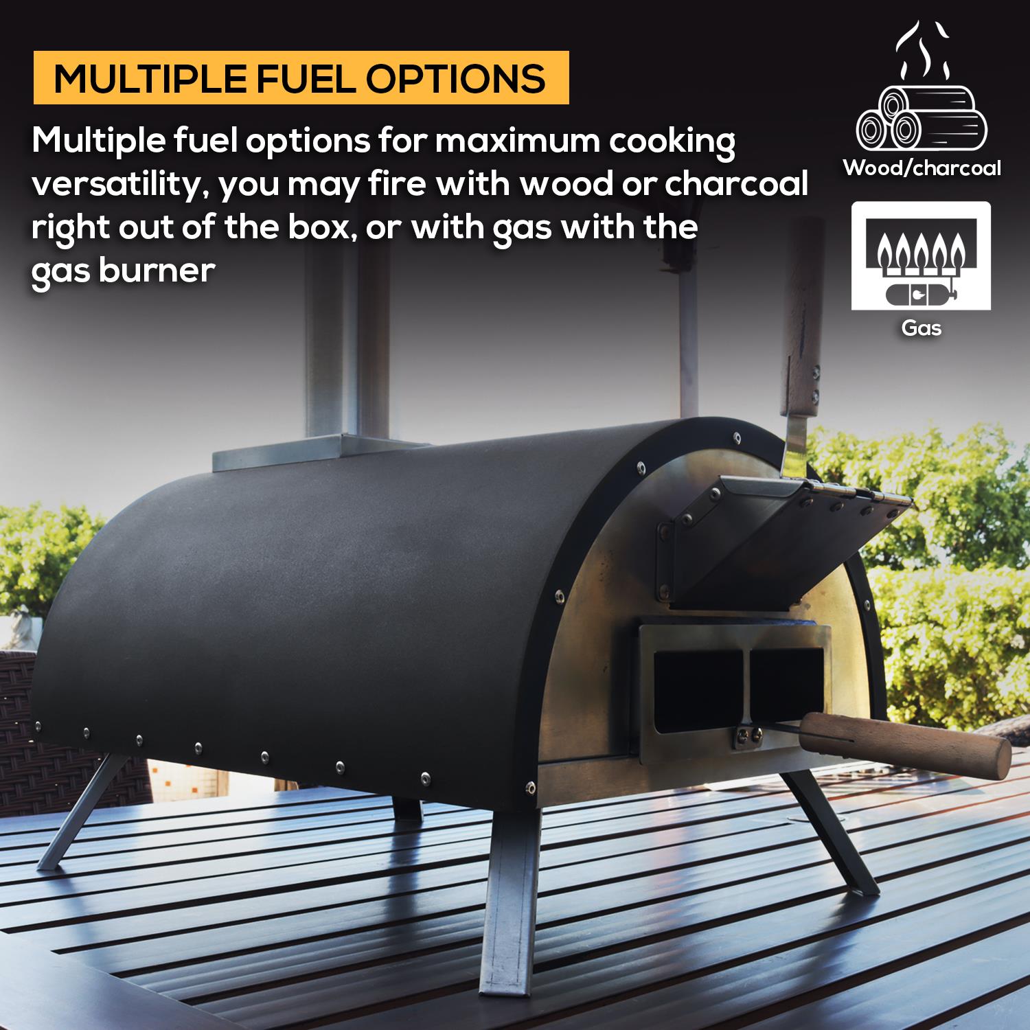Gas & Wood Fuel Pizza Oven Built-in Thermometer & Pizza Paddle Black/silver