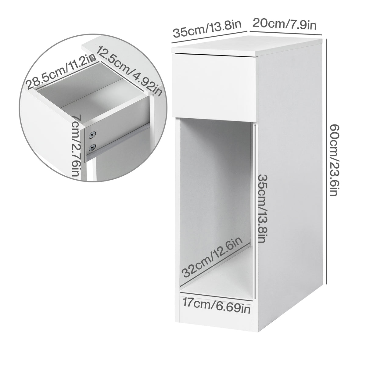 Bedside Table Cabinet  Narrow Slim Side Cabinet White Drawer Open Shelf | White