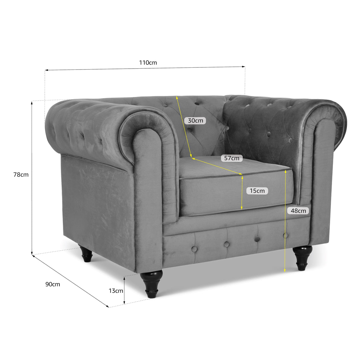 Chesterfield Scroll Arm Velvet Sofa 1 Seater | Grey