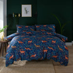 Fox And Deer Navy 200 Thread Count Cotton Rich Reversible Duvet Cover Set | Double | Navy Blue